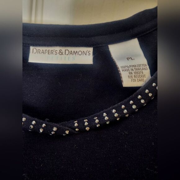 Draper's& Dimon's Pl Black 100% PIMA COTTON 3/4SL Rhinestones Women Top Sweater - Picture 2 of 6